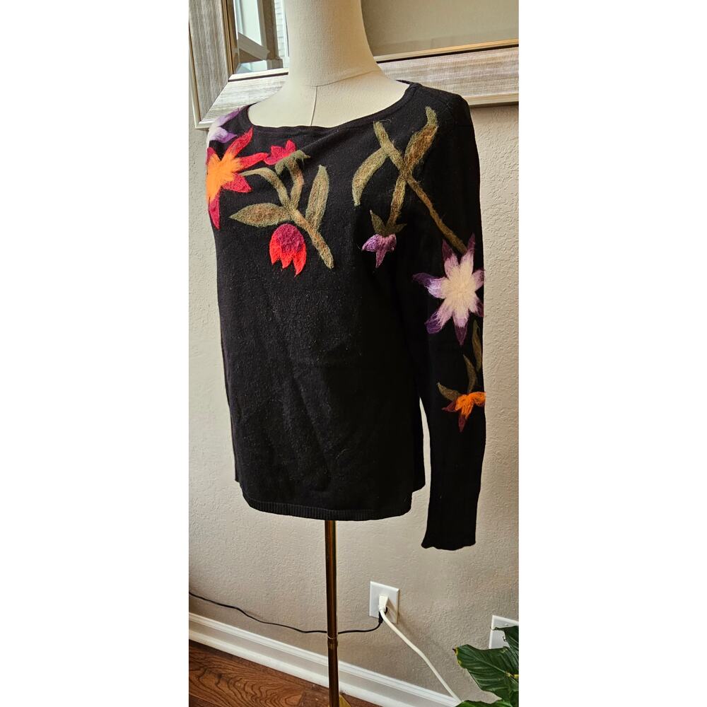 Vintage Nicole Alexander Embroidered Felted Floral Sweater‎ Women Size M Black